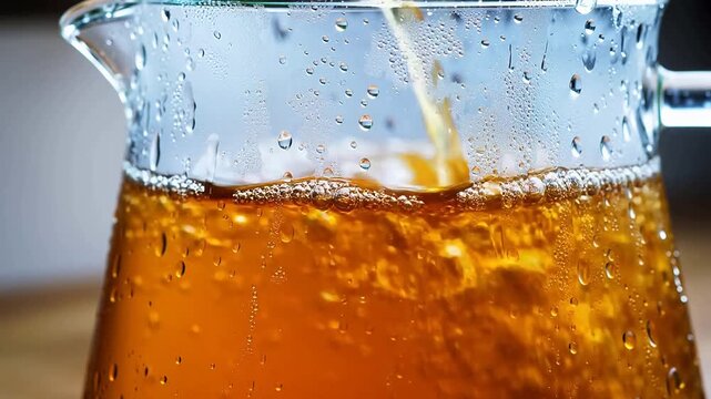 Glass pitcher with amber liquid and condensation