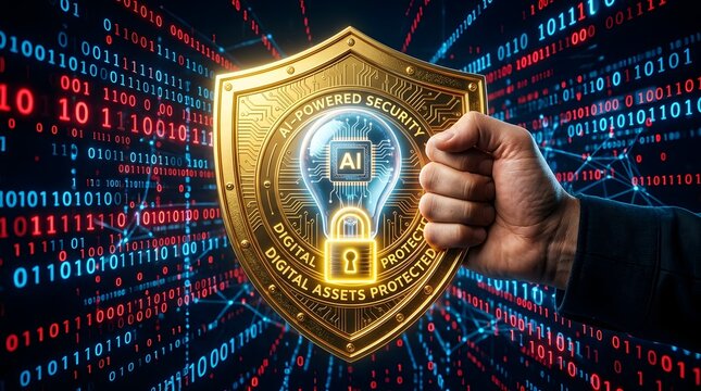 Golden shield with AI lock emblem protecting data streams against cyber threats and binary code