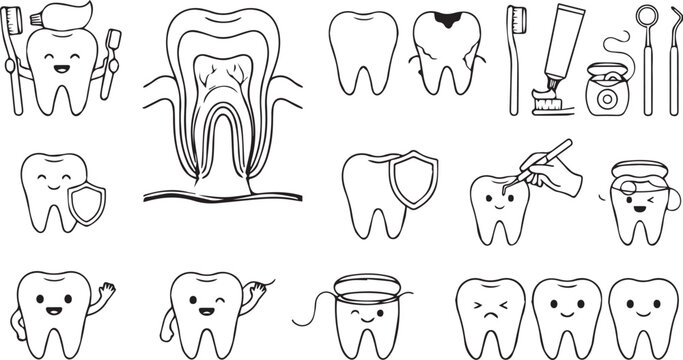Dental care icons. Cartoon teeth illustrations with smiles and tools