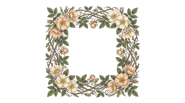 Vintage botanical illustration of a square frame made of wild roses and thorny branches isolated on transparent background