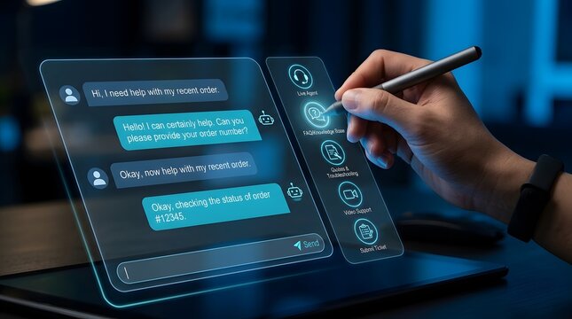 Developer interacting with transparent chat UI on tablet for conversational AI and messaging flow