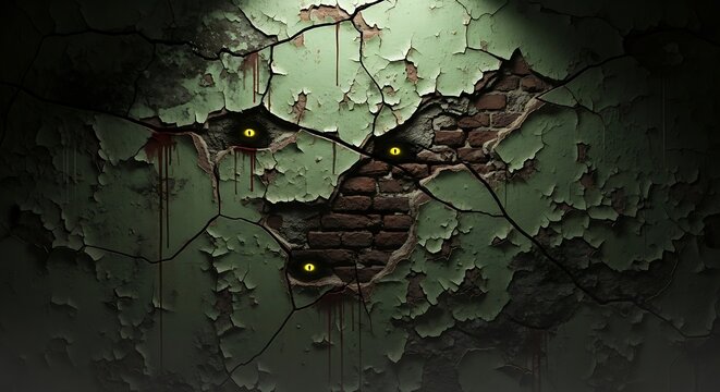 Creepy wall with glowing eyes and blood drips horror scene