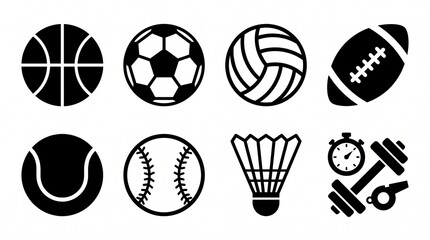 Fototapeta premium Sports equipment icons with basketball, soccer, volleyball, tennis, and fitness motifs, minimalist composition highlighting play, competition, and discipline.
