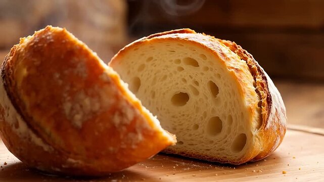 Freshly baked bread being sliced with knife