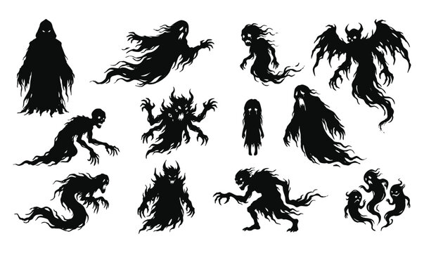 Creepy Halloween ghost and monster silhouettes set scary creature elements vector illustration