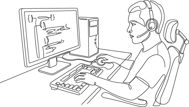 Continuous line drawing of a young programmer working on computer code.