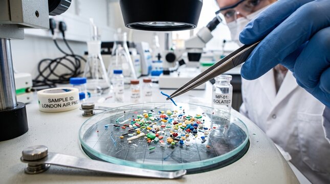 Scientist analyzing microplastics in laboratory setting closely