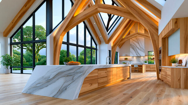 Modern luxury kitchen with timber beams marble island and panoramic windows in bright contemporary home