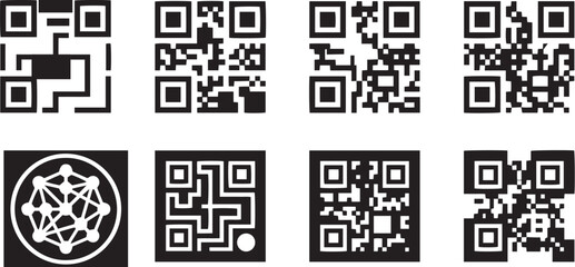 Fototapeta premium Abstract QR Code Vector Set, Tech Maze Matrix Graphics and Blockchain Network Node Icon Collection