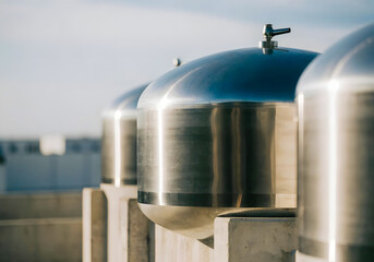 Naklejka premium Large stainless steel water storage tank on outdoor concrete platform