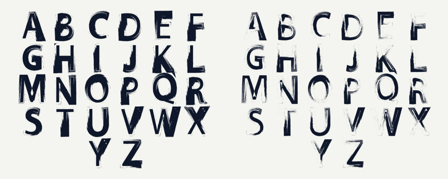 Uppercase alphabet font set featuring dry brush textured letters in black ink style isolated on light neutral background