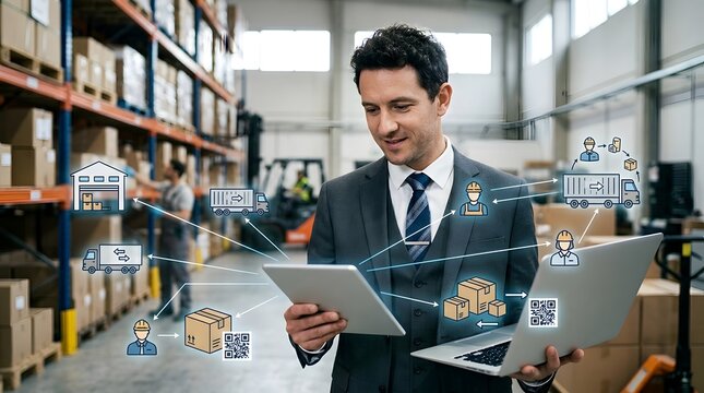 Logistics manager with tablet overseeing smart warehouse with connected supply chain icons