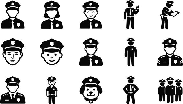 Set of police officer icons, including male and female police officers, police dog, and police team