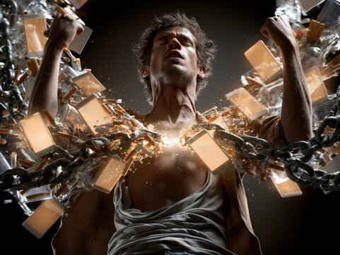 Man breaking chains and glass in a powerful moment of liberation and digital overload