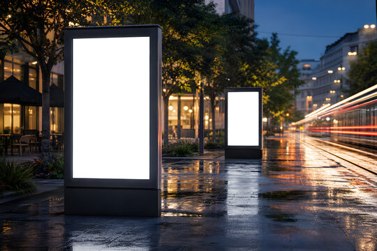Blank digital advertising screen on wet city street at night
