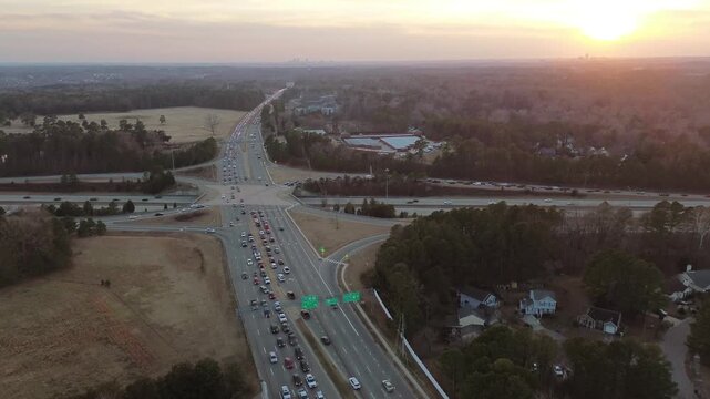 Cars in heavy traffic on Interstate 540 in North Raleigh at evening rush hour