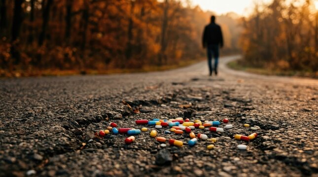 Despair and addiction a lone figure walks away from scattered prescription pills on asphalt