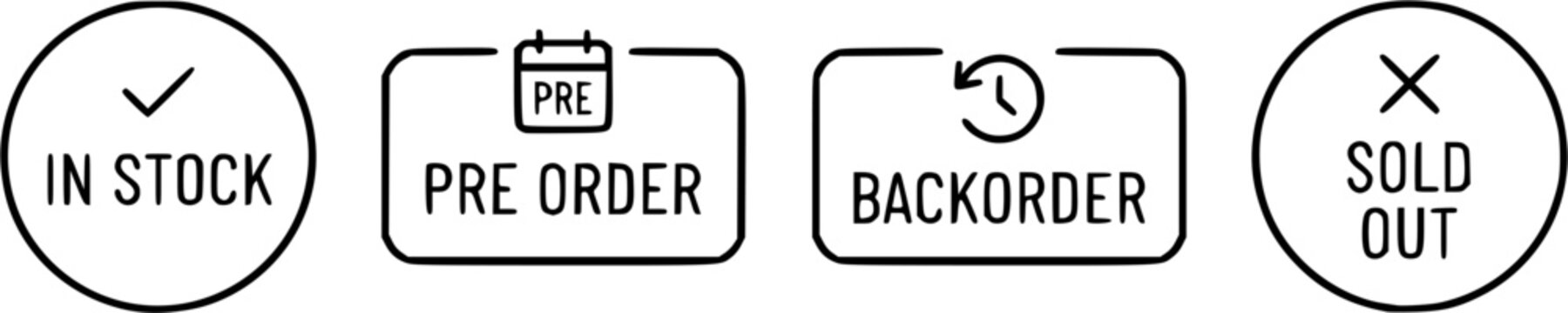 Minimal black outline product availability badge collection, in stock, pre order, backorder and sold out labels isolated on white background