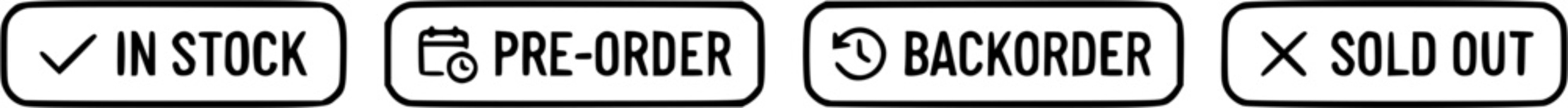 Minimal black outline product availability badge collection, in stock, pre order, backorder and sold out labels isolated on white background