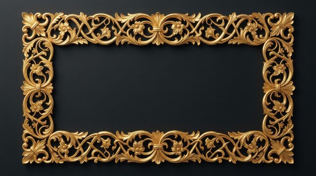 Ornate golden rectangular frame with intricate floral and acanthus leaf carvings on a black background