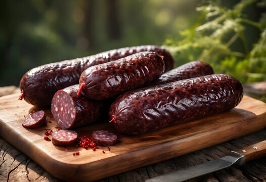 Four blood sausages on wooden cutting board outdoors