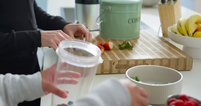 Two women making smoothie at counter, adding berries into blender cup, slicing fruit, copy space