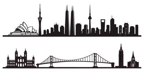 Black and white city skyline silhouettes on white background © AX