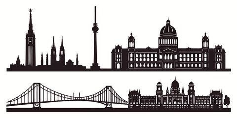 Black and white city skyline with iconic buildings silhouette © AX