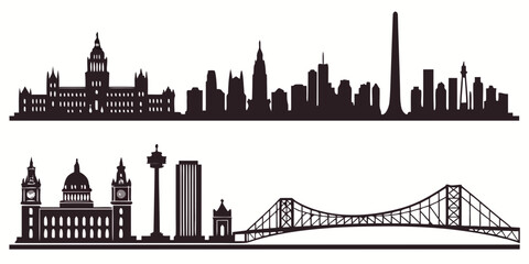 Black and white city skyline silhouettes on white background © AX