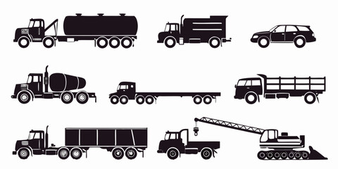 Set of 25 black and white trucks, delivery vans, and vehicles © AX