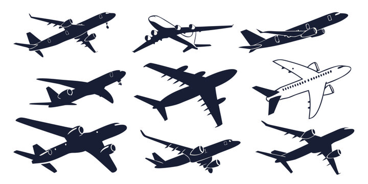 Set of 23 airplane silhouettes, black, white background