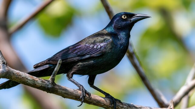 Bird on a branch: male common grackle with alert gaze in natural setting