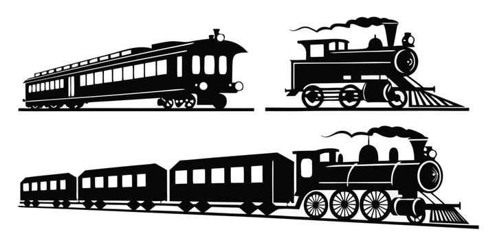 Set of three black and white train silhouettes on white background