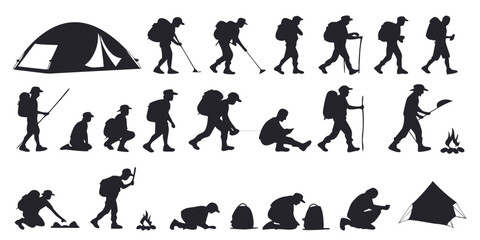 Silhouettes of people camping under a tent on white background © AX