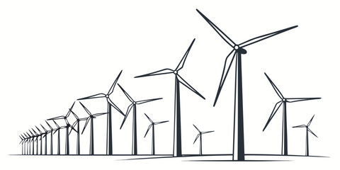 Black and white line of 100 wind turbines on white background © AX