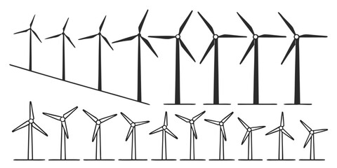 Black and white line wind turbines on white background © AX