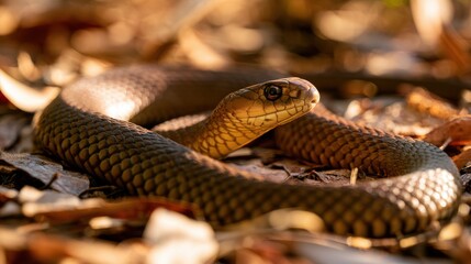 Fototapeta premium Eastern brown snake in natural bush habitat with detailed scale texture