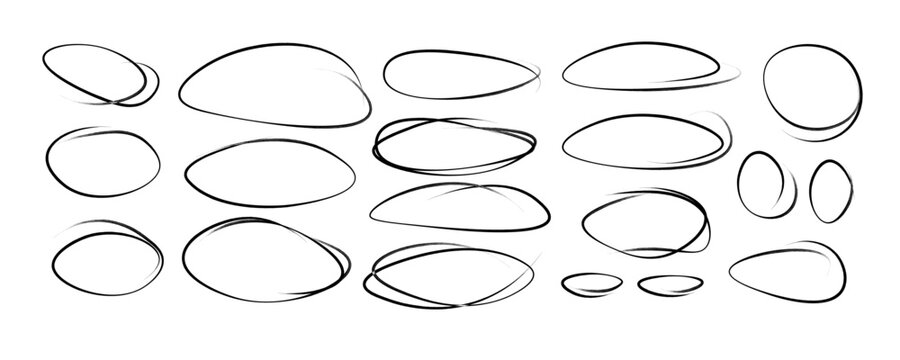 Ellipse pencil doodles for highlights. Black pen oval sketches. Marker circle doodles. Set of hand drawn horizontal circles isolated on white background. Realistic vector	
