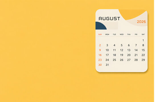 A minimalist August 2026 desk calendar page with a modern geometric design on a solid yellow background, representing time management and professional planning - 1