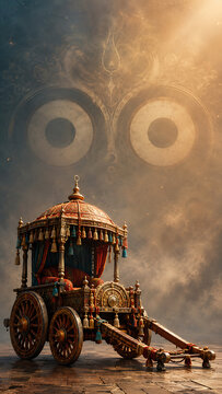 Mystical jagannath rath yatra chariot beneath divine eyes symbolism representing faith and devotion during rath yatra observance with spiritual atmosphere and heritage artistry