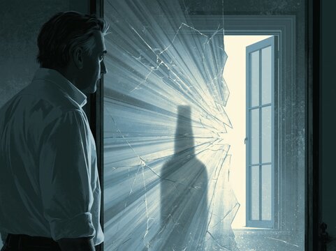 Man staring at shattered window with shadow silhouette and dramatic light suggesting mystery and introspection