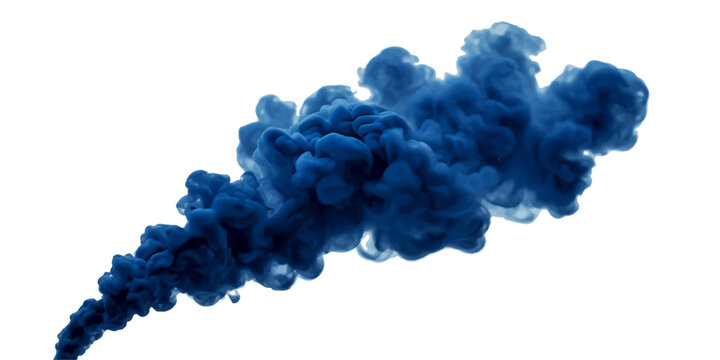 Abstract deep blue swirling ink cloud with flowing smoke texture isolated on transparent background, featuring a dynamic liquid pigment explosion, soft fog mist and fluid artistic design.