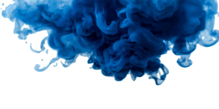 Abstract deep blue ink and smoke cloud isolated on transparent background with swirling water effect, flowing vapor texture, liquid pigment explosion and dynamic fluid abstract composition.
