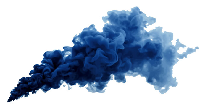 Abstract deep blue ink and smoke cloud isolated on transparent background with swirling water effect, flowing vapor texture, liquid pigment explosion and dynamic fluid abstract composition.