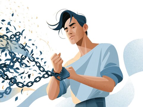 Young man breaking chains and finding freedom with determined confident expression