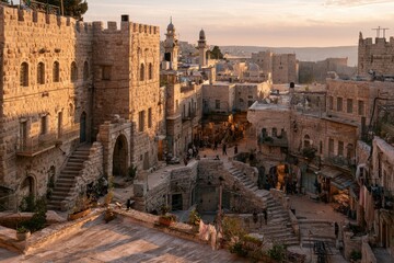Fototapeta premium Golden hour view over the old city of Hebron from a rooftop beside a historic mosque