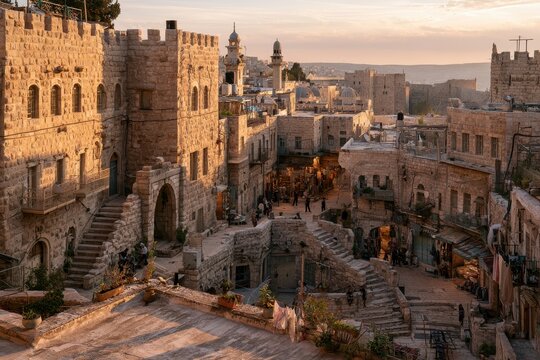 Golden hour view over the old city of Hebron from a rooftop beside a historic mosque