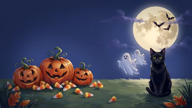 Halloween scene with jack o lanterns black cat and ghosts under a full moon