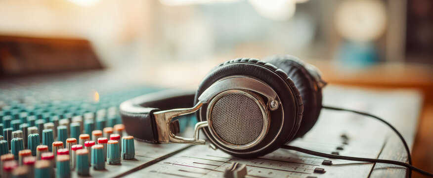 Sound equipment sits on a music mixing desk with headphones resting on it during a recording session in a studio