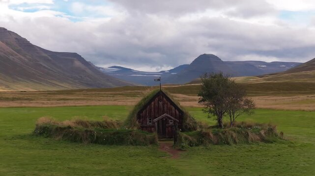Grafarkirkja Oldest turf church in meadow of Iceland. Aerial overview
